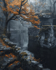 a river in a forest with a bridge, in the style of i can't believe how beautiful this is, scottish landscapes, environmental awareness, dark amber and amber, pont-aven school, enchanting realms, natur