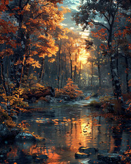 a river in a forest with a bridge, in the style of i can't believe how beautiful this is, scottish landscapes, environmental awareness, dark amber and amber, pont-aven school, enchanting realms, natur