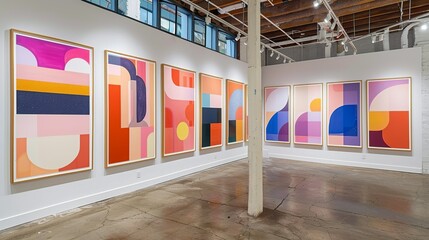 A series of colorful, abstract art pieces arranged in a gallery wall style on a white accent wall, adding a touch of vibrancy and modern art to the space.