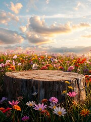 Podium made from a wooden stump in the middle of a wildflower field