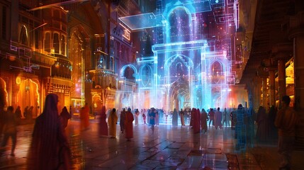 Naklejka premium Vibrant Cultural Festival in an Ancient City Square with Holographic Displays and Digital Overlays Showcasing Historical Narratives