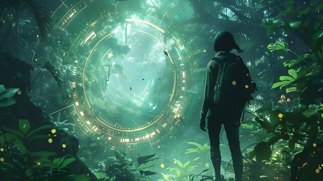 Intrepid Explorer Navigates Enchanted Ancient Forest with Holographic Compass and Interactive Trails