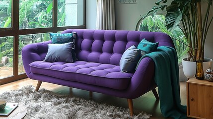 A purple, mid-century modern style sofa with wooden legs and plush cushions, paired with a teal throw blanket and a set of matching throw pillows for added comfort.
