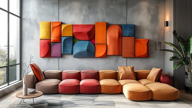 A series of colorful, geometric wall decals arranged in a playful pattern on a light gray wall, adding a touch of whimsy and modern art to the space.