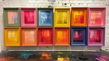 A series of small, brightly colored picture frames arranged in a gallery wall style, each frame holding a different piece of modern, abstract art.