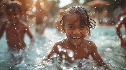 Obraz premium Kids splashing in a water park or pool, having a great time. 