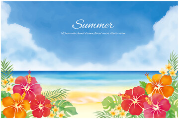 水彩タッチのハイビスカスと海の背景 © fuufuu