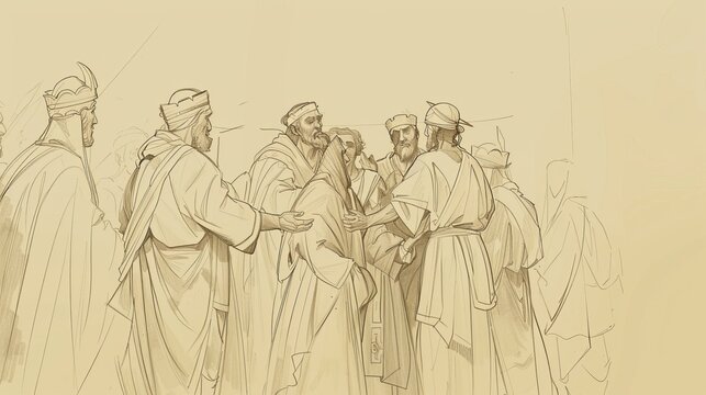 1 Kings 1 Biblical Illustration: Succession struggle, Adonijah's attempt, Nathan and Bathsheba's intervention, Solomon's anointing, Beige Background, copyspace