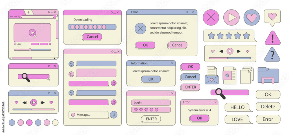 Fototapete Big set of retro vaporwave desktop browser and dialog window templates. 80s 90s old computer user interface elements and vintage aesthetic icons. Nostalgic retro operating system. Vector illustration.