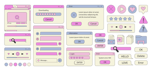 Big set of retro vaporwave desktop browser and dialog window templates. 80s 90s old computer user interface elements and vintage aesthetic icons. Nostalgic retro operating system. Vector illustration.