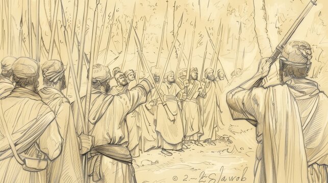 2 Samuel 18 Biblical Illustration: Battle in Forest, Defeat of Absalom, Death by Joab - Beige Background with Copyspace for Inspirational Use
