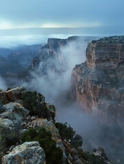 Fototapeta premium Misty Morning at Arizona Grand Canyon: Epic Fantasy Landscape for Nature Posters and Prints