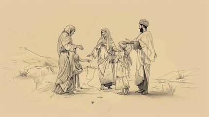 Genesis 21 Biblical Illustration: Birth of Isaac, Hagar and Ishmael Sent Away, God's Promise - Beige Background with Copyspace for Inspirational Use