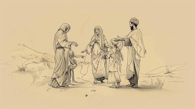 Genesis 21 Biblical Illustration: Birth of Isaac, Hagar and Ishmael Sent Away, God's Promise - Beige Background with Copyspace for Inspirational Use