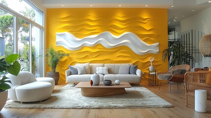A yellow accent wall adorned with a series of white, modern art pieces, creating a bold and cheerful backdrop for the roomâ€™s furniture and decor.