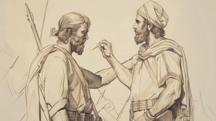 Fototapeta premium 1 Samuel 26 Biblical Illustration: David spares Saul again, plea for peace, Saul's acknowledgment of righteousness, Beige Background, copyspace