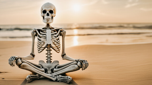 skeleton sitting on the beach basking in the sun