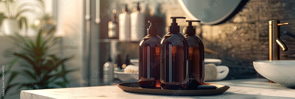 Poster three dark bottles of shampoo and conditioner sit on a tray in a bathroom setting. generative ai