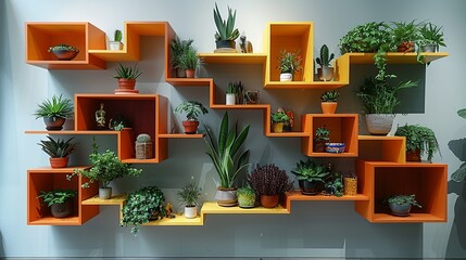 A set of orange and yellow floating shelves arranged in an asymmetrical pattern on a light gray wall, displaying a variety of small plants and decorative objects.