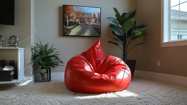 A bright red bean bag chair positioned on a soft, beige carpet, creating a casual and fun seating area perfect for lounging or reading.