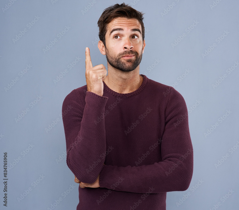 Aufkleber Solution, thinking and man with ideas, choice and problem solving on grey studio background. Person, model and guy with wonder, planning and thoughts with questions, inspiration and emoji with why