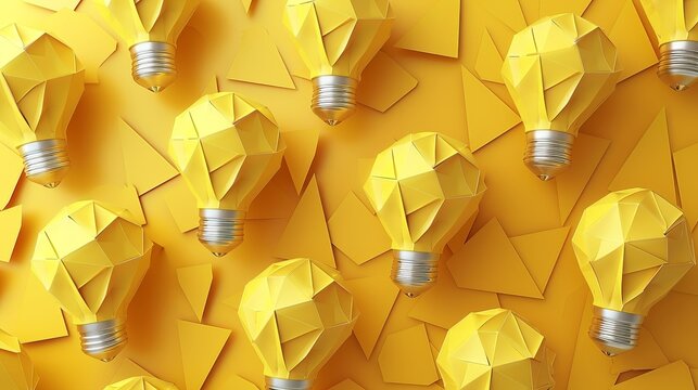 3d rendering of yellow low poly lightbulb icons with paper texture on bright background. Concept for thinking, idea and creativity. Flat lay composition. Top view.