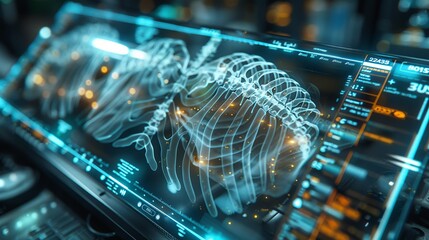 A detailed medical x-ray HUD hologram in a minimalistic style, displaying the human ribcage. The design is clean and clear, with a focus on transparency and a cool color palette for enhanced