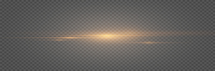 Golden line of light. Glowing glare, horizontal beam. On a transparent background.