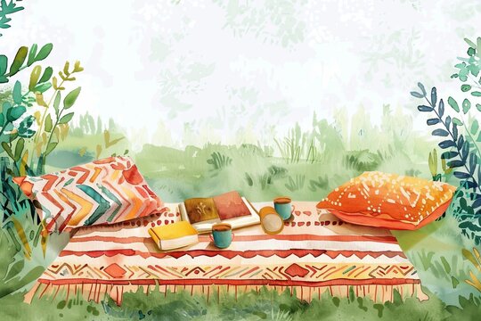 Cozy outdoor picnic setting with colorful pillows, books, and drinks on a patterned rug surrounded by greenery.