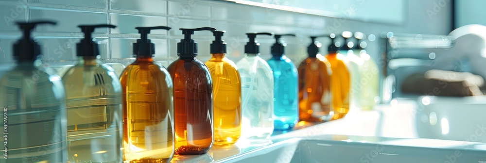 Poster rows of colorful bottles of shampoo and conditioner lined up on a counter in a clean, modern bathroo