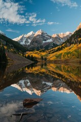Fototapeta premium Stunning Colorado Landscape with SnowCapped Mountains and Autumn Foliage Reflections in CrystalClear Lake