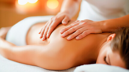 Naklejka premium Close-up of a person receiving a back massage, warm light, on a soft surface, concept of wellness and relaxation. Generative AI
