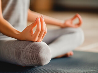 Close-up of hands in a meditation pose, on a blurred warm background, illustrating the concept of...