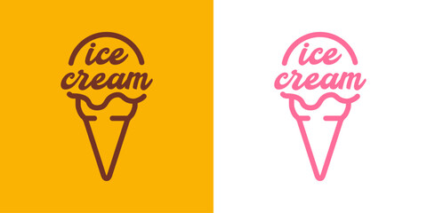 Logo ice cream. Silueta con líneas de cono de waffle con bola de helado en sabores fresa y chocolate con texto manuscrito ice cream © teracreonte