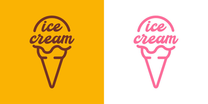 Logo ice cream. Silueta con l&iacute;neas de cono de waffle con bola de helado en sabores fresa y chocolate con texto manuscrito ice cream
