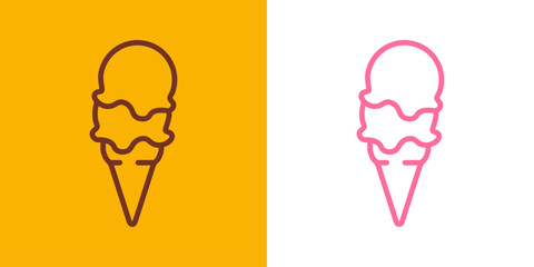 Logo ice cream. Silueta con líneas de cono de waffle con 2 bolas de helado en sabores fresa y chocolate © teracreonte