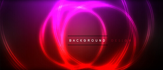 Neon glowing circle rays, light round lines in the dark, planet style neon wave lines. Energetic electric concept design for wallpaper, banner, background