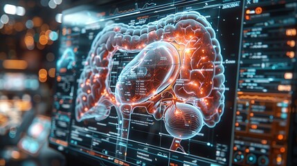 A futuristic medical x-ray HUD hologram featuring a clean, minimalistic design. The image shows a detailed view of the human spleen with clear annotations and a blue and white color scheme.