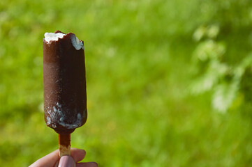 creamy ice cream in chocolate on a stick on a background of green grass. cold dessert, sweetness. background for the design.