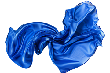 A piece of royal blue silk cloth, gracefully cascading and folding in mid-air, isolated on transparent background.