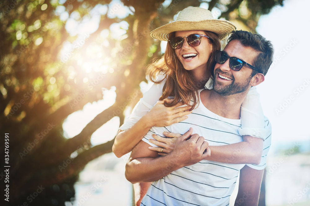 Sticker couple, people and joy on piggyback in outdoor with lens flare for summer holiday and fun in spain. 