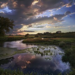 Fantasy Landscape with Dramatic Skies Reflecting on Tranquil Waters in Illinois