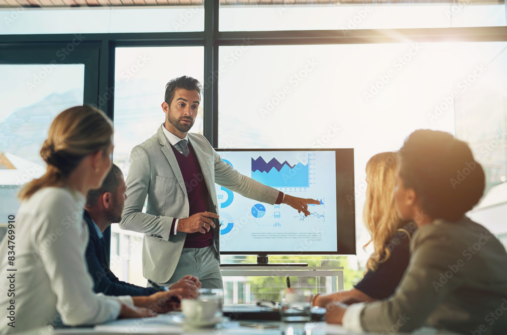 Poster Presentation, chart and stock market for man, explaining and pointing of stats for growth and sales. Boardroom, employee and people in meeting for finance, increase and investment in car insurance