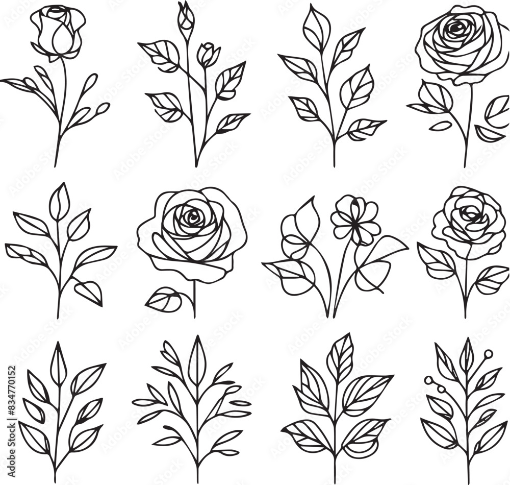Wall mural one line drawing set of a decorative fresh blossoming rose silhouette with leaves isolated on white  - Wall murals