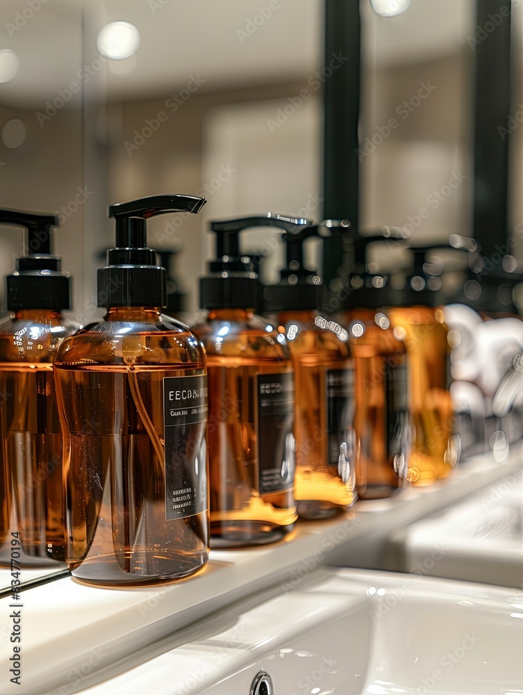 Poster Close-up of elegant amber bottles of shampoo and conditioner lined up on a bathroom shelf. Generative AI