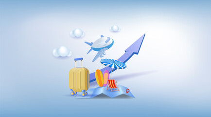 The concept of travel,
tourism, vacation planning, ticket booking
and passenger service. 3d vector illustration.