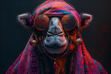Eccentric Camel in Colorful Shawl Illustration