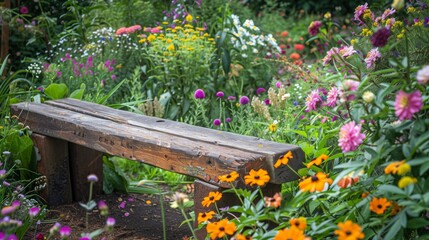 A picturesque garden bench made from reclaimed railway ties offers a perfect spot amid vibrant blooms.