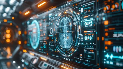 Fototapeta premium A futuristic HUD hologram of a medical x-ray scan, presented in a clean, minimal style. The image includes distinct, easily readable data overlays and indicators, all rendered in a crisp, clear color