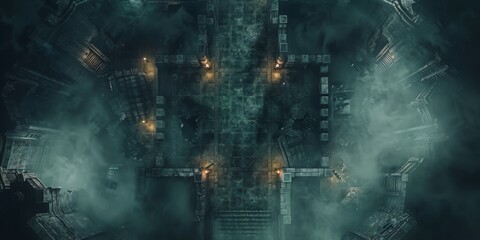 drone photography style image of map, metal corridors, dark, foggy, scary